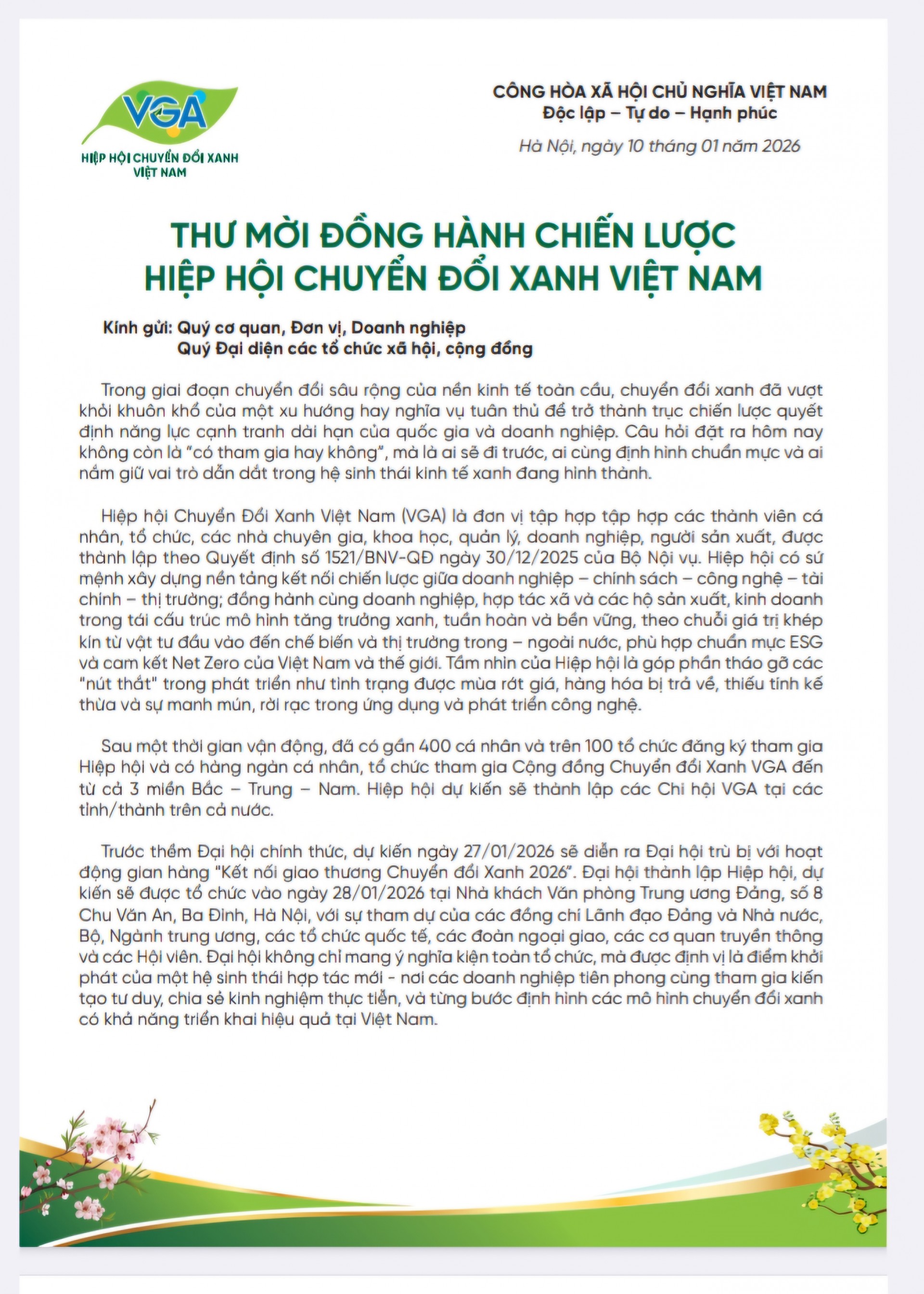 Sắp diễn ra Đại hội Hiệp hội Chuyển đổi Xanh Việt Nam nhiệm kỳ I (2025 – 2030)