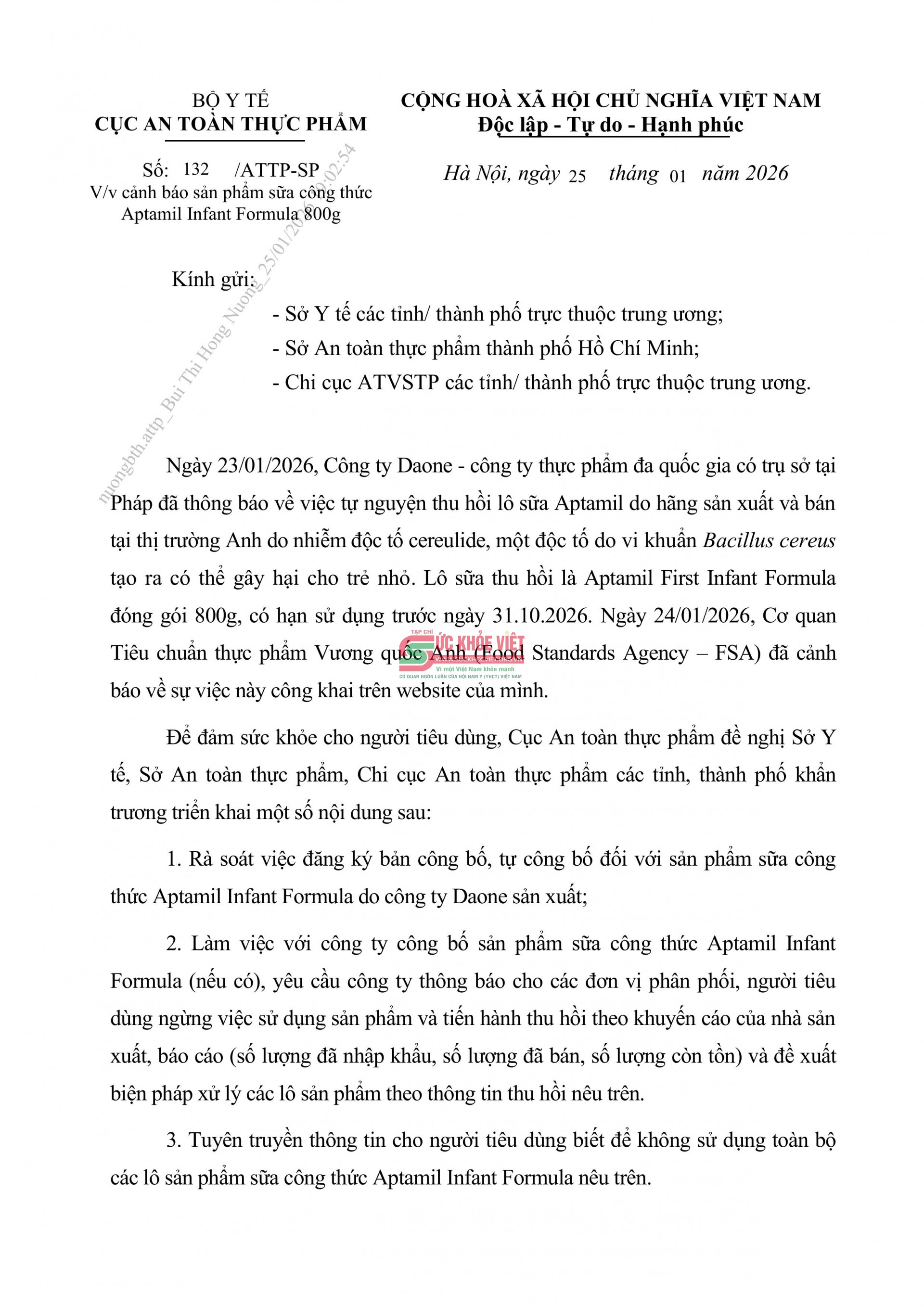 Bộ Y tế cảnh báo khẩn sản phẩm sữa công thức Aptamil do nguy cơ nhiễm độc tố cereulide gây hại cho trẻ nhỏ Bộ Y tế cảnh báo khẩn sản phẩm sữa công thức Aptamil do nguy cơ nhiễm độc tố cereulide gây hại cho trẻ nhỏ
