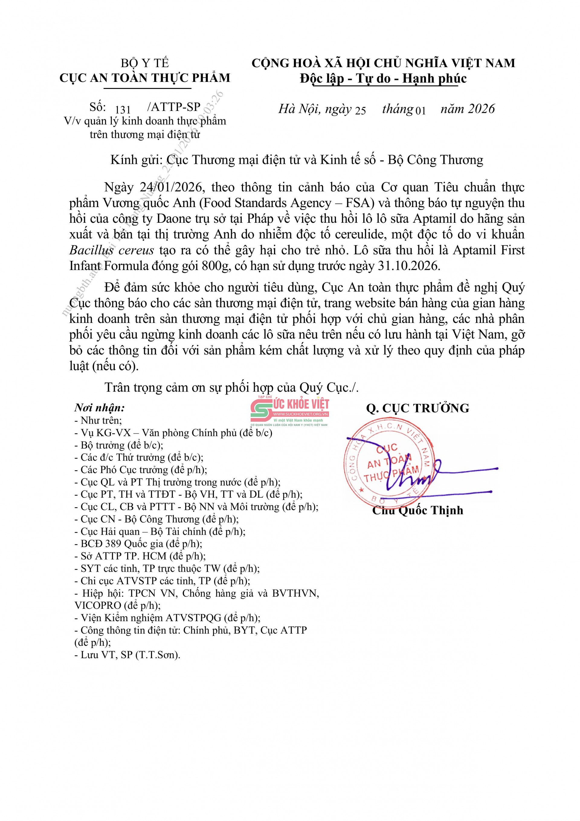 Bộ Y tế cảnh báo khẩn sản phẩm sữa công thức Aptamil do nguy cơ nhiễm độc tố cereulide gây hại cho trẻ nhỏ Bộ Y tế cảnh báo khẩn sản phẩm sữa công thức Aptamil do nguy cơ nhiễm độc tố cereulide gây hại cho trẻ nhỏ