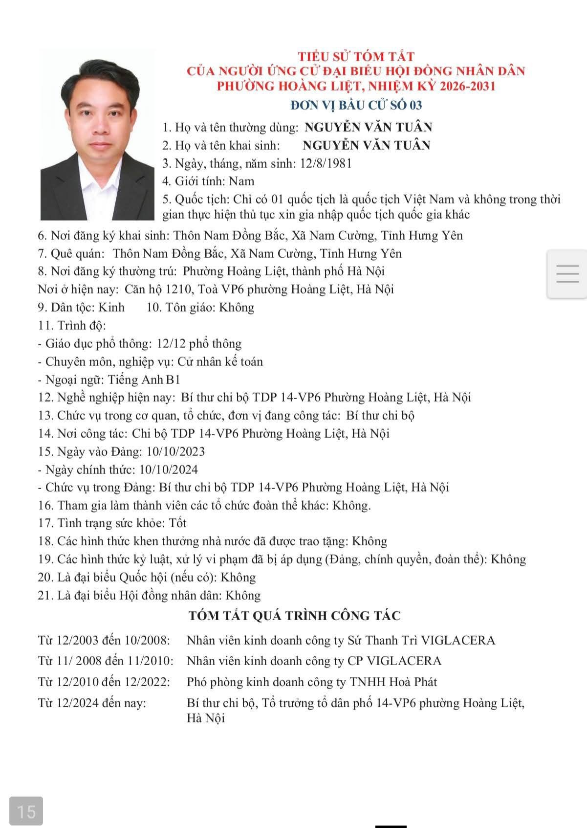 Ứng cử viên HĐND phường Hoàng Liệt, Nguyễn Văn Tuân: “Đưa hơi thở thực tiễn vào chương trình hành động”.