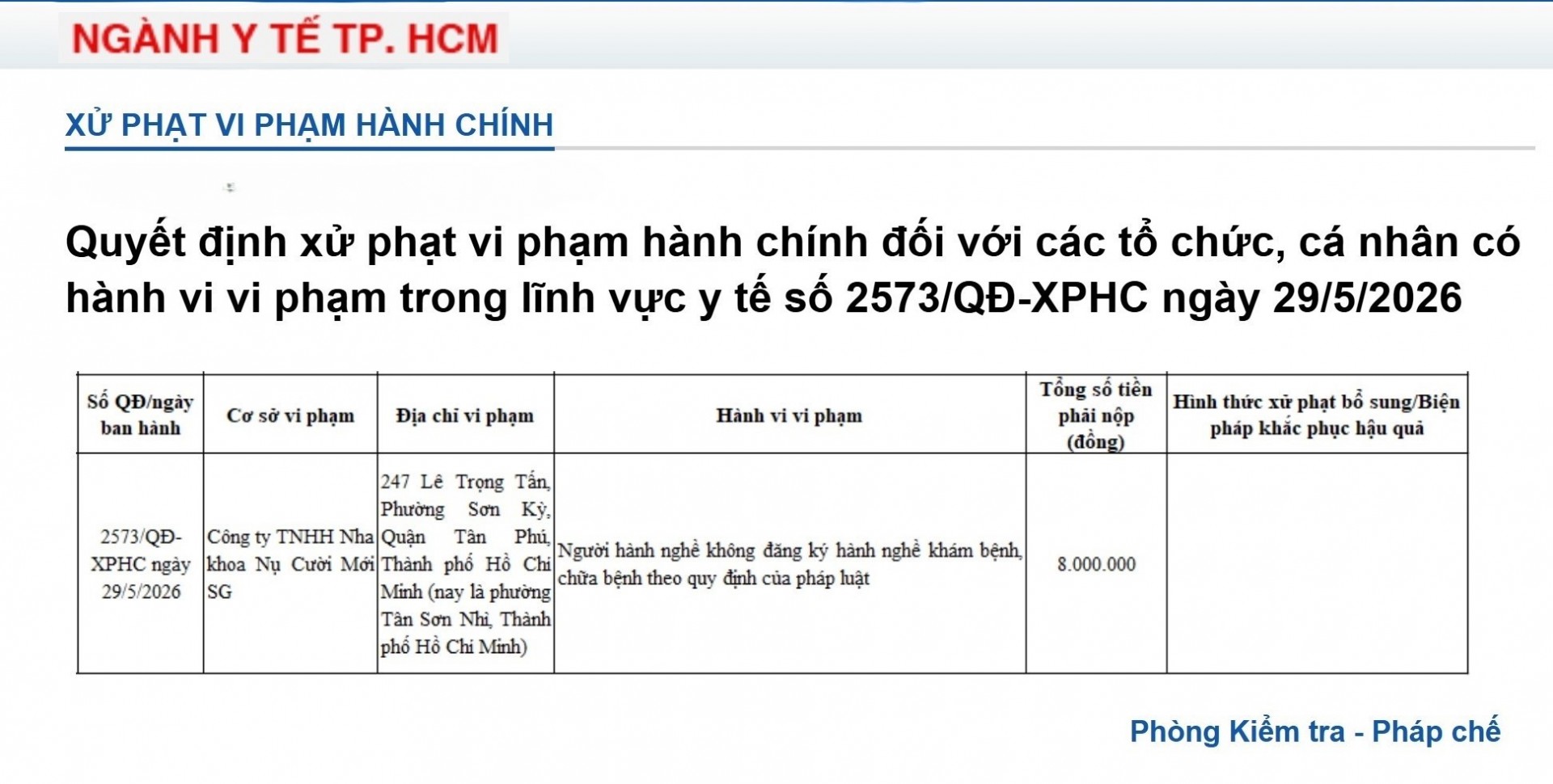 Nha khoa Nụ Cười Mới SG bị xử phạt vì người hành nghề không đăng ký khám, chữa bệnh Nha khoa Nụ Cười Mới SG bị xử phạt vì người hành nghề không đăng ký khám, chữa bệnh