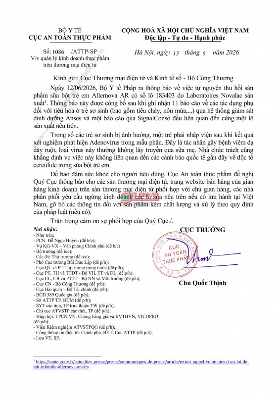 Bộ Y tế cảnh báo thu hồi sữa bột trẻ em Allernova AR nhiễm khuẩn, nguy cơ gây viêm dạ dày ruột