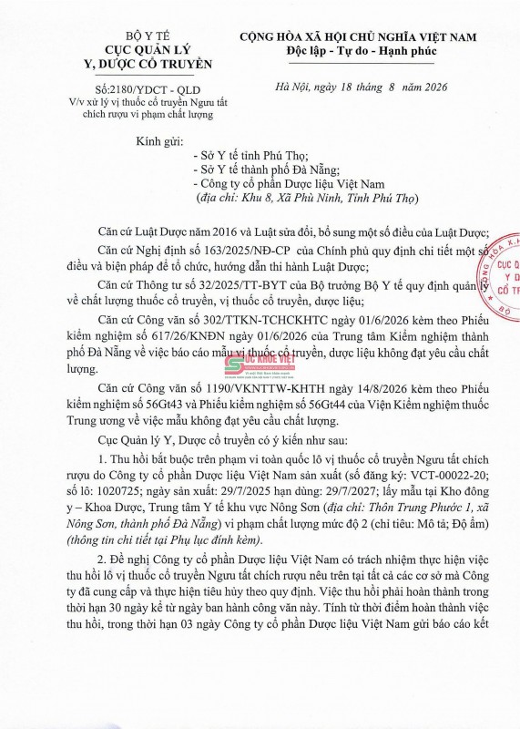 Thu hồi toàn quốc lô Ngưu tất chích rượu vi phạm chất lượng: 857,1 kg sản phẩm bị yêu cầu xử lý