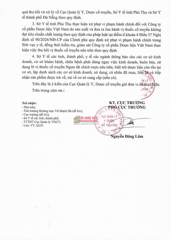 Thu hồi toàn quốc lô Ngưu tất chích rượu vi phạm chất lượng: 857,1 kg sản phẩm bị yêu cầu xử lý