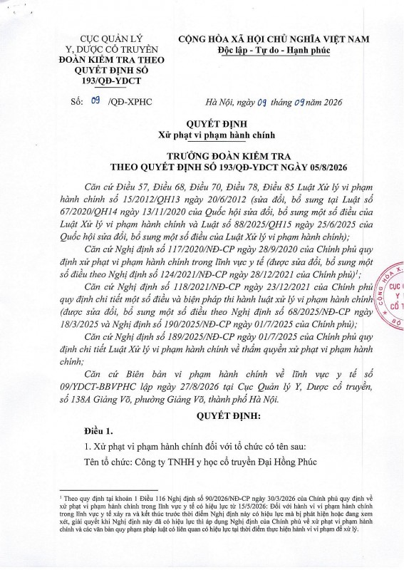 Y học cổ truyền Đại Hồng Phúc bị phạt 112 triệu đồng: Hồ sơ thuốc thiếu, 3 sản phẩm chưa kê khai giá Y học cổ truyền Đại Hồng Phúc bị phạt 112 triệu đồng: Hồ sơ thuốc thiếu, 3 sản phẩm chưa kê khai giá