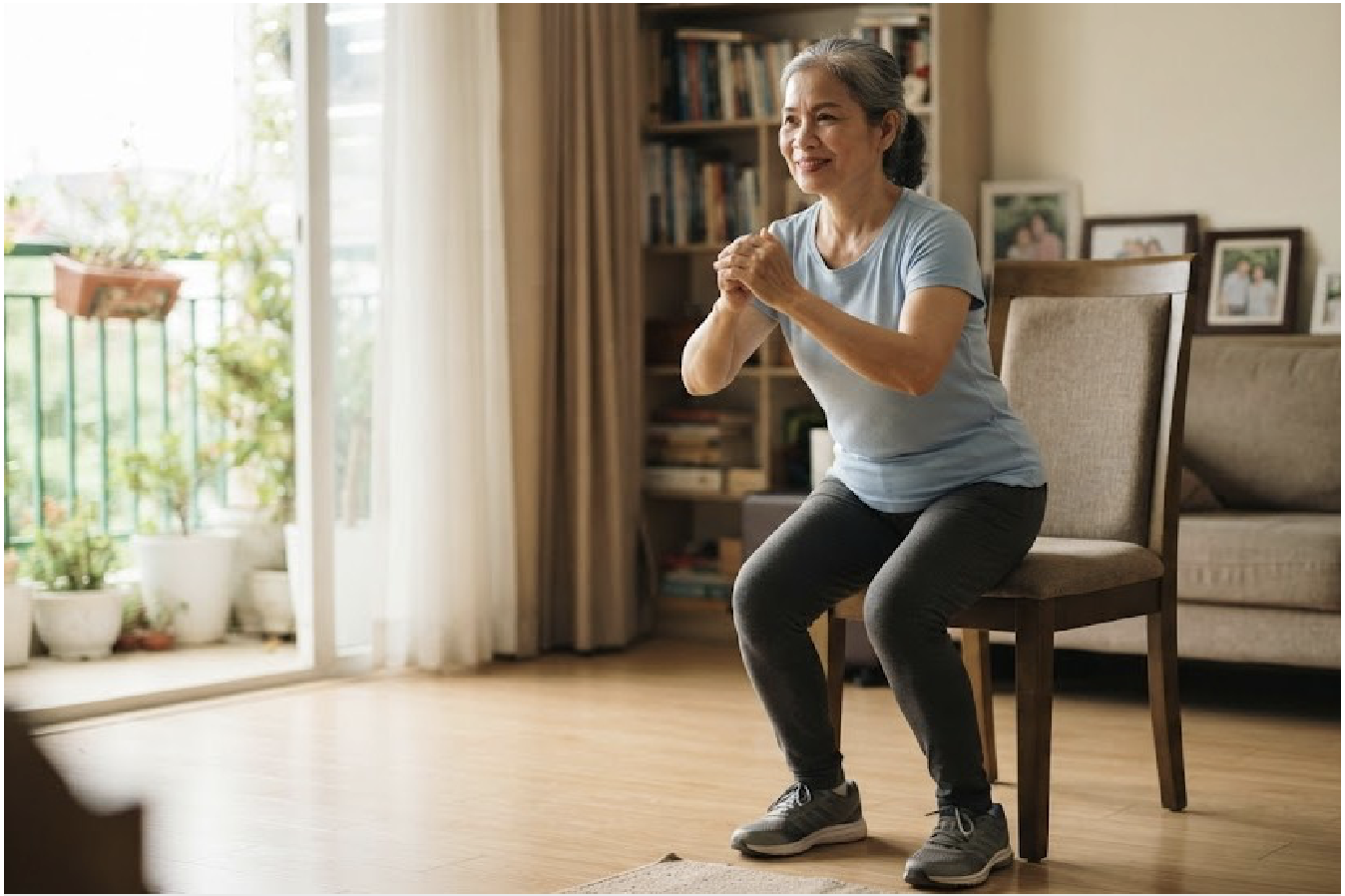Bài tập đứng lên - ngồi xuống từ ghế giúp giảm nguy cơ té ngã sau tuổi 60. Ảnh: AI. Bài tập đứng lên - ngồi xuống từ ghế giúp giảm nguy cơ té ngã sau tuổi 60. Ảnh: AI.
