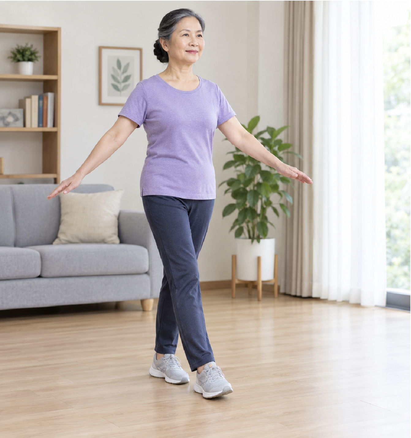 Đi nối gót để rèn khả năng giữ thăng bằng ở người cao tuổi. Ảnh: AI. Đi nối gót để rèn khả năng giữ thăng bằng ở người cao tuổi. Ảnh: AI.