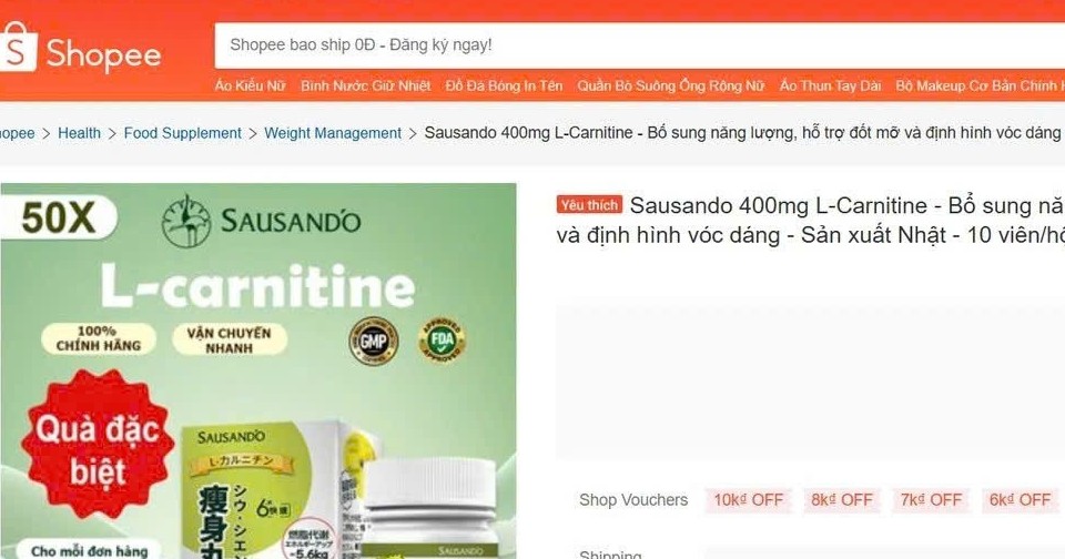 Thực phẩm chức năng “Sausando Slimming capsule” trên Shopee chưa được cấp Giấy công bố sản phẩm